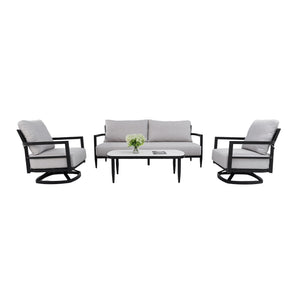 English Elm 4pc Outdoor Conversation Set Swivel Chairs Sintered Stone Table Sunbrella Cushions W1886S00041