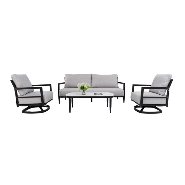 English Elm 4pc Outdoor Conversation Set Swivel Chairs Sintered Stone Table Sunbrella Cushions W1886S00041