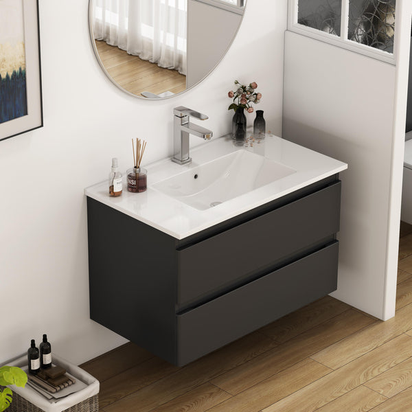 English Elm 32-Inch Wall-Mounted Bathroom Vanity & Ceramic Sink Combo - Soft-Close Drawers, Easy Install! W3151S00046