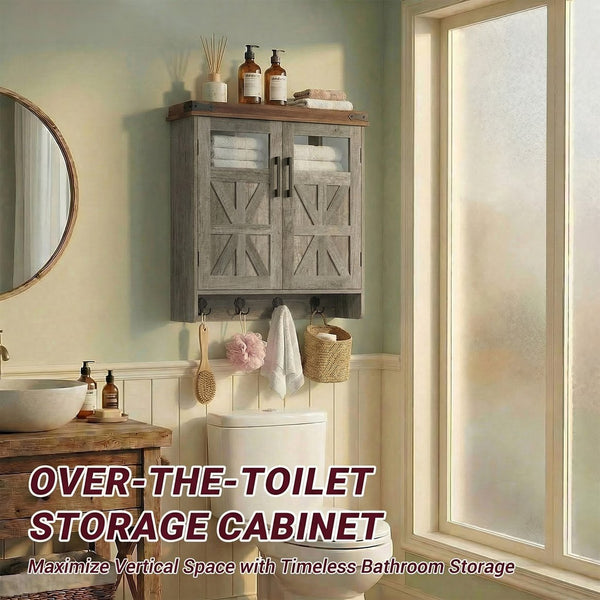 English Elm Bathroom Wall Cabinet Over Toilet with Adjustable Shelves and Built in Towel Hook Grey+Brown T5831P489009