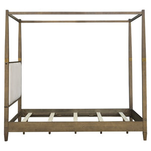English Elm Canopy Queen Bed Brown Upholstered Canopy Frame Solid Wood Blend, Foam-Padded Headboard, Elegant Design B035S00062