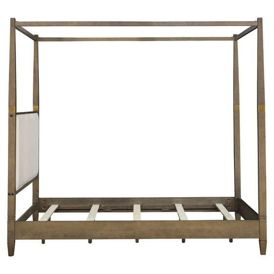 English Elm Canopy Queen Bed Brown Upholstered Canopy Frame Solid Wood Blend, Foam-Padded Headboard, Elegant Design B035S00062