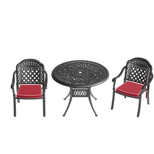 English Elm 3-Piece Cast Aluminum Patio Set With Stylish Red Cushions For Elegant Outdoor Dining & Relaxation W1710S00051