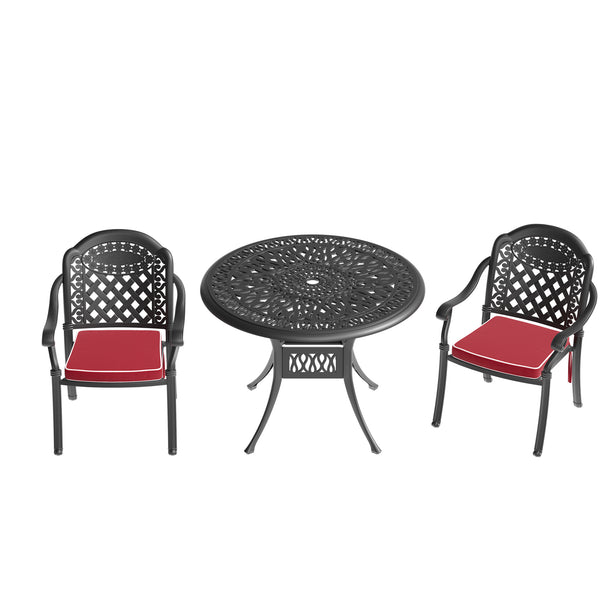 English Elm 3-Piece Cast Aluminum Patio Set With Stylish Red Cushions For Elegant Outdoor Dining & Relaxation W1710S00051