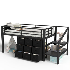 English Elm Twin Metal Low Loft Bed with Storage Stairs Fabric Drawers and Built-in Lights Black W5305S00045