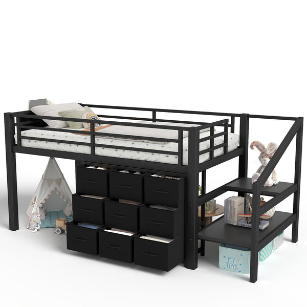 English Elm Twin Metal Low Loft Bed with Storage Stairs Fabric Drawers and Built-in Lights Black W5305S00045
