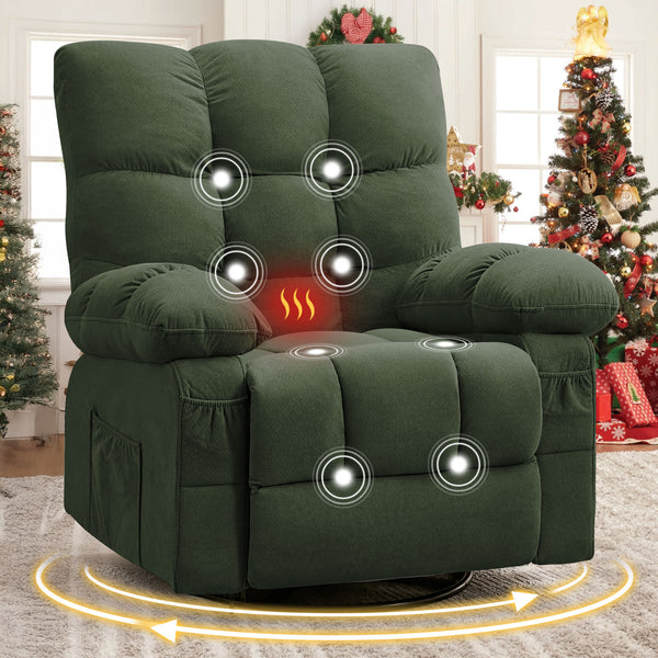 English Elm Massage Swivel Recliner Oversized Chair with Heating Nodes and Usb Port for Living Room Green W1521P352668