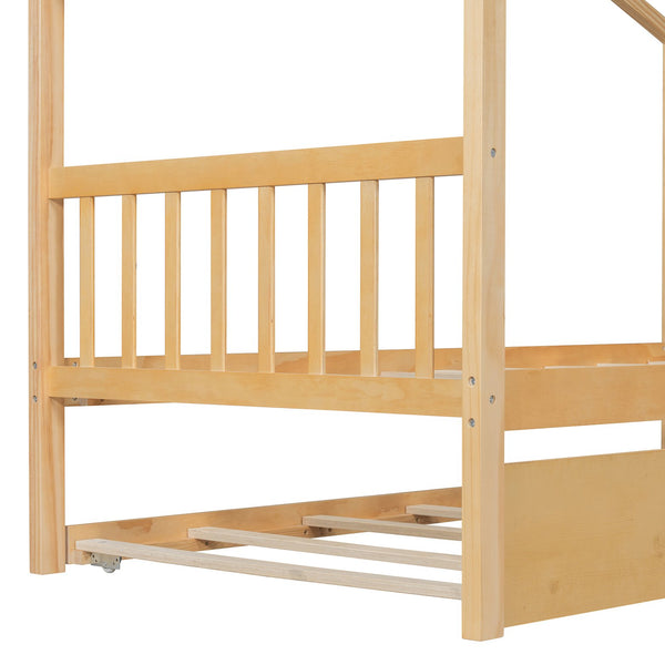 English Elm Twin House Bed Solid Pine Cottage Frame with Pull Out Trundle for Kids Bedroom Natural N708P309238M