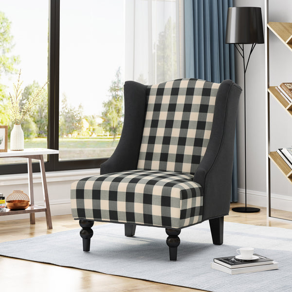 English Elm Christopher Knight Home® - TODDMAN High-Back Club Chair with Smooth Upholstery and Sloped Arms, Modern Wingback Comfort Black+White Scottie Dogs 64469.00BLKCHKDCHAR