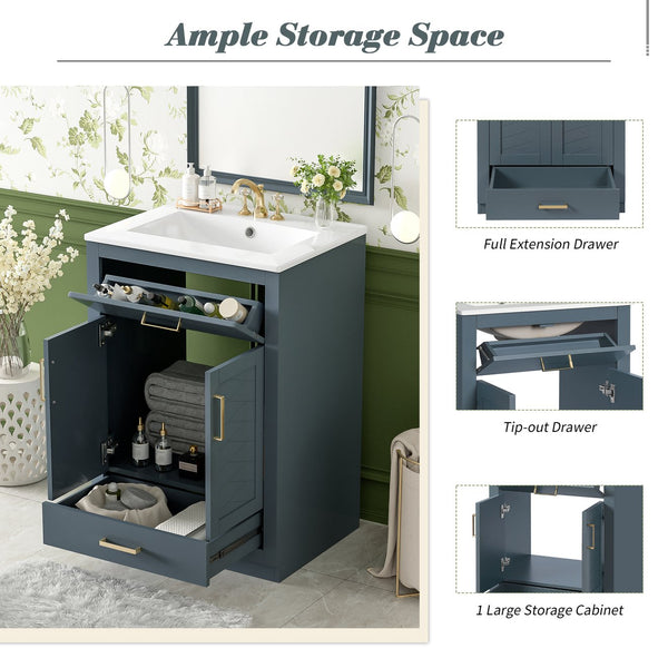 English Elm 24" Stylish Blue Bathroom Vanity With Ceramic Sink, 2 Storage Doors & Tip-Out Drawer For Organization N710P341037C