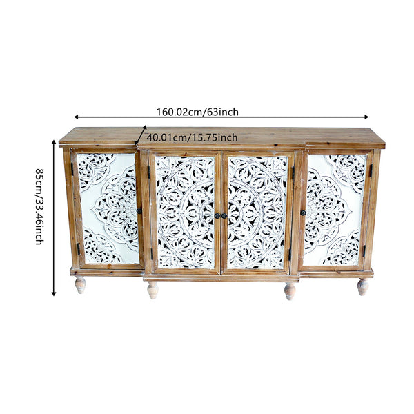 English Elm 4-Door Hollow-Carved Accent Cabinet with Floral Doors, Distressed Natural Wood Storage Cupboard, Adjustable Shelves for Entryway Living Room Dining Room W2295P257039