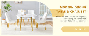 English Elm Table and Chair Set Extendable Round Mdf Dining with Gold Legs Four Pu Seats W1151S03954