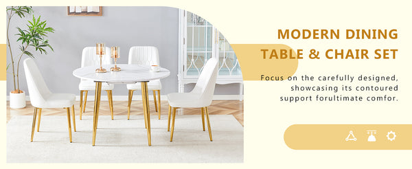 English Elm Table and Chair Set Extendable Round Mdf Dining with Gold Legs Four Pu Seats W1151S03954