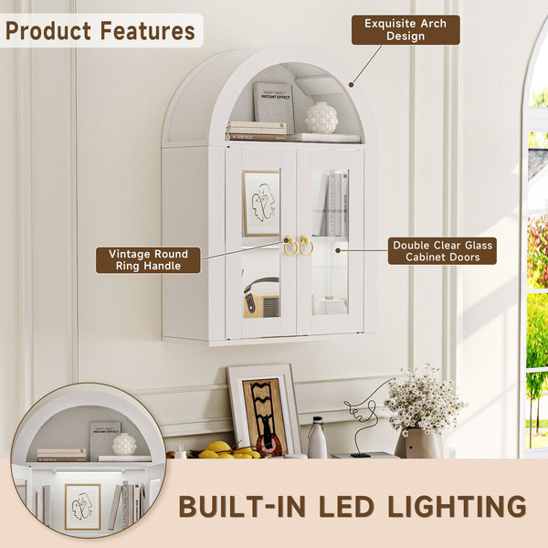 English Elm Wall Mounted Arched Cabinet Tempered Glass Doors Led Lighting Adjustable Shelves Bathroom White T3210P471554