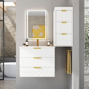 English Elm 24inch Bathroom Vanity with Sink - Wall-Mounted Floating Combo with Ceramic Basin, Modern L-Handle Design White N710S324097K