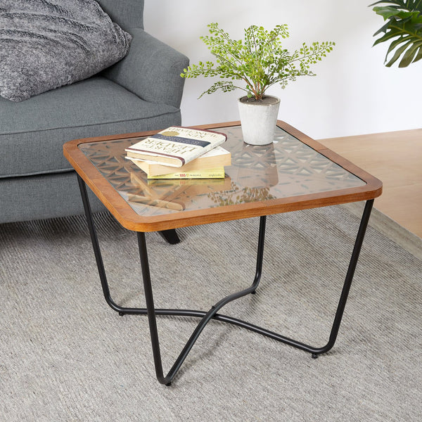 English Elm Modern Square Glass Top Coffee Table with Geometric Pattern and Black Metal Frame N770P197539B