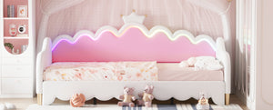 English Elm Twin Extending Daybed with LED Crown Headboard, Upholstered Princess Design for Cozy Kids Room White 76.5 L x 17.4 W x 4.3 H HL000104AAK