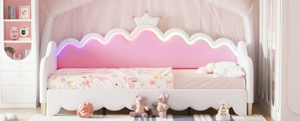 English Elm Twin Extending Daybed with LED Crown Headboard, Upholstered Princess Design for Cozy Kids Room White 76.5 L x 17.4 W x 4.3 H HL000104AAK