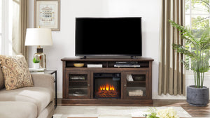 English Elm Contemporary TV Media Stand with 18" Electric Fireplace Insert, 65" TV Capacity, Brown, Ample Storage W2275S00043
