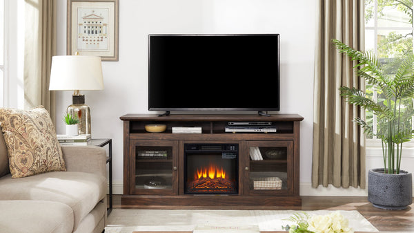 English Elm Contemporary TV Media Stand with 18" Electric Fireplace Insert, 65" TV Capacity, Brown, Ample Storage W2275S00043