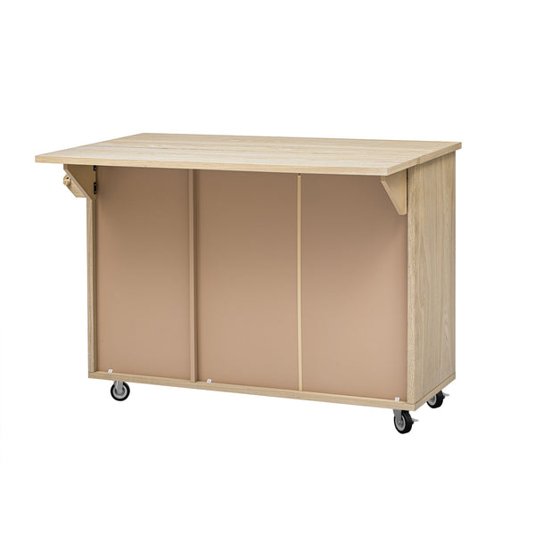 English Elm K&K Farmhouse Kitchen Island with 3D Wave Stripes Ash Veneer, Drop Leaf, Rolling Cart Storage Natural Wood N707P207916Y