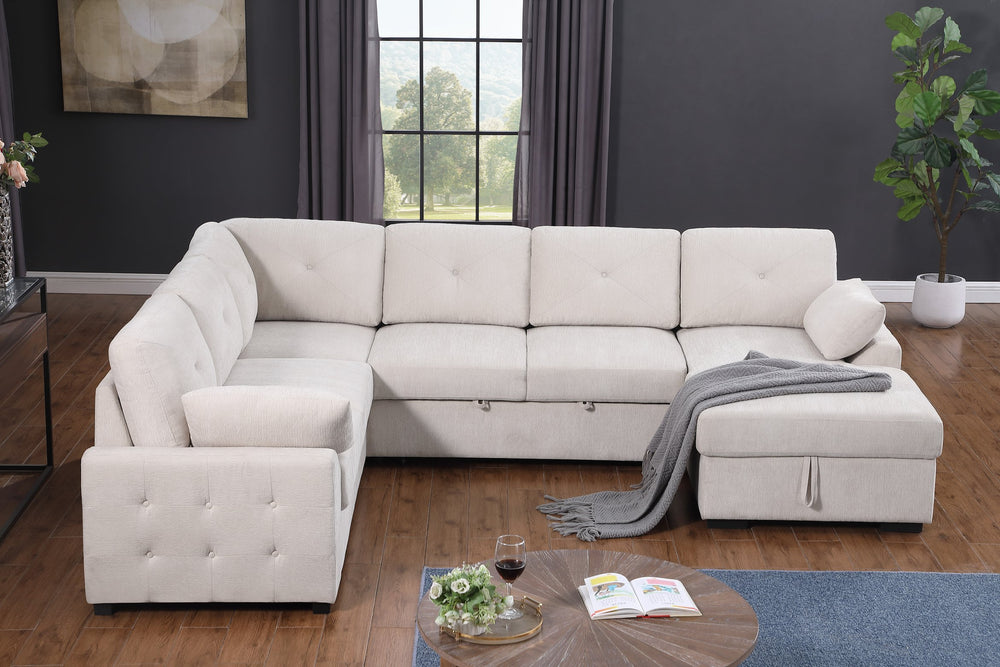 English Elm Multi Functional L Shaped Sectional Sofa with Sleeper and Hidden Storage Chaise Beige B2730S00057
