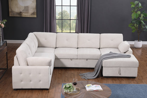 English Elm Multi Functional L Shaped Sectional Sofa with Sleeper and Hidden Storage Chaise Beige B2730S00057