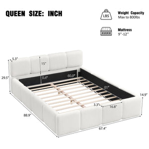 English Elm Queen Boucle Upholstered Platform Bed Low Profile Block Silhouette for Modern Bedroom N757P385459W