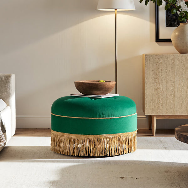 English Elm Yolanda Velvet Round Ottoman with Gold Bullion Fringe Jewel Toned Artisan Accent Piece B2719P364403