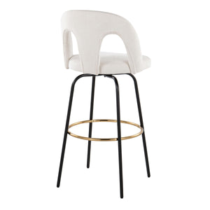 English Elm Fixed-height Swivel Barstools with Gold Footrest Black Frame White Upholstery Set B202S01873