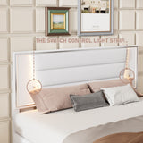 English Elm 3-Pieces Bedroom Sets Queen Size Upholstered Bed With Led Lights, Nightstands and Dresser With Metal Handles and Sparkling Shiny Decoration, White