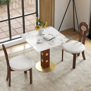 English Elm Modern Square Dining Table - 33.5" Sintered Stone Top With Wooden Legs & Gold Base For 2 People W1535S00583