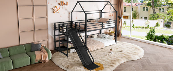 English Elm Twin House Bunk Bed with Slide Storage Stairs and Safety Rails for Kids Rooms W1580S00648