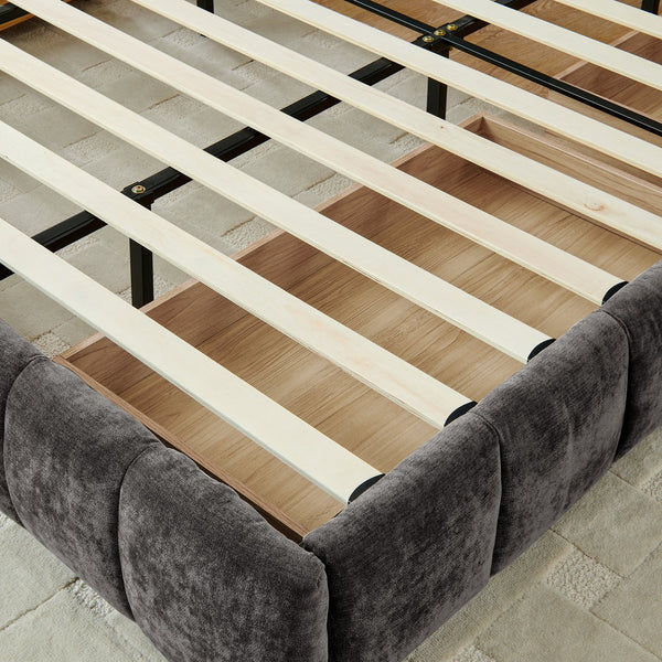 English Elm California King Platform Bed Chenille Upholstered Frame with Storage Drawers Modern Dark Gray W487S00421
