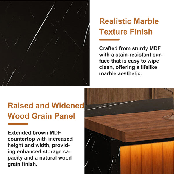 English Elm 63" Modern Kitchen Island Set With 4 Beige Bar Stools - Elegant Black Marble, Led Light & Grille Design W2699S00075
