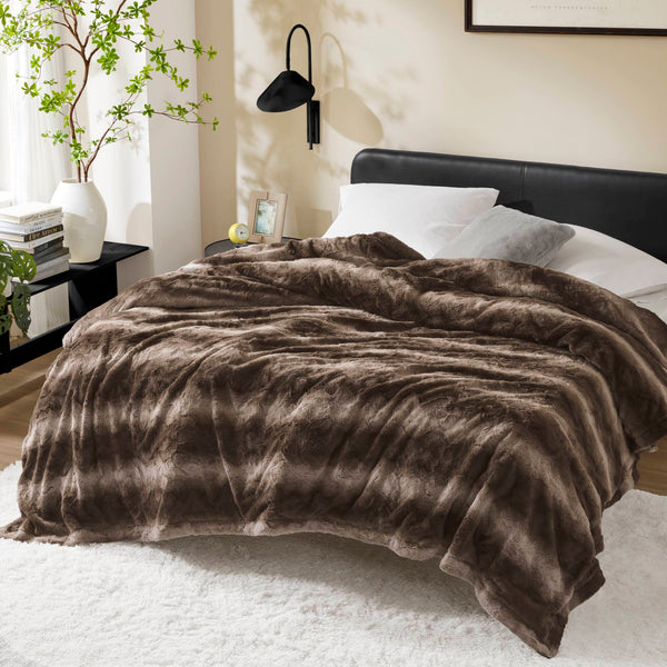 JLA Home Madison Park - Faux ultra-soft reversible faux fur blanket with mink reverse, OEKO-TEX certified cozy luxury Brown MP51-8539