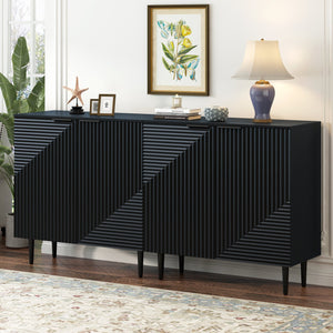 English Elm Mirod Geometric Relief Mdf Cabinet Set Lacquered Finish Metal Legs Modern Living Room Black N760S0000034B