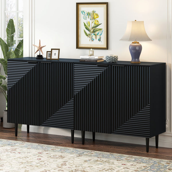 English Elm Mirod Geometric Relief Mdf Cabinet Set Lacquered Finish Metal Legs Modern Living Room Black N760S0000034B