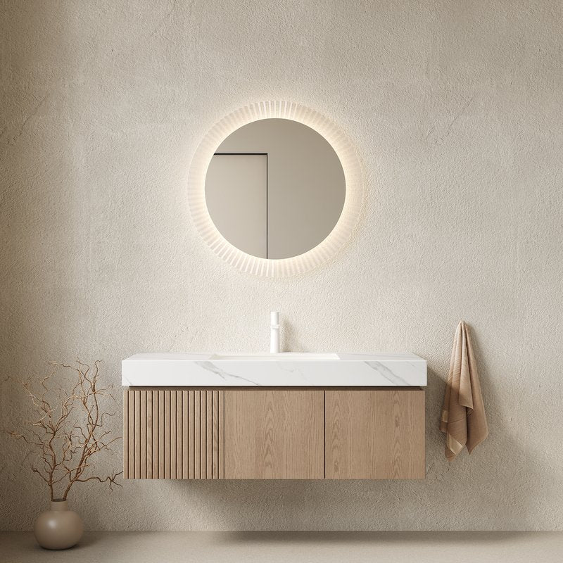 English Elm Muri Floating Bathroom Vanity Plywood Cabinet Sintered Stone Top Woodgrain Finish W2615S00627