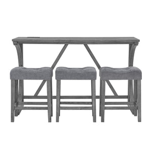 English Elm 59 Inch Bar Table Set with Power Outlet Rubberwood Frame and 3 Linen Stools Grey W2972P385254