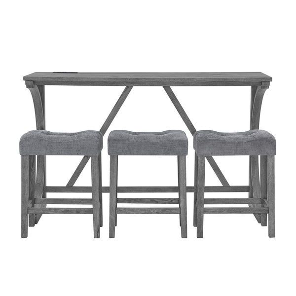 English Elm 59 Inch Bar Table Set with Power Outlet Rubberwood Frame and 3 Linen Stools Grey W2972P385254