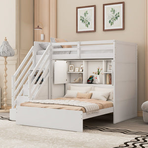 English Elm Twin Over Full Bunk Bed with Wardrobe Storage Stairs Shelves and Usb Charging White LT000292AAK