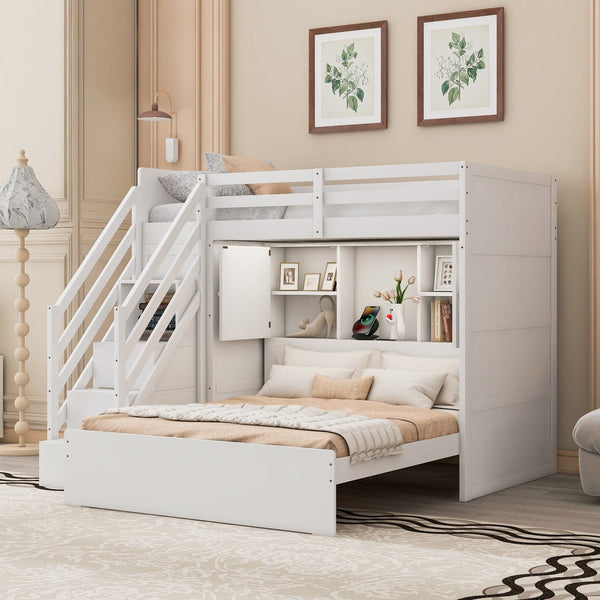 English Elm Twin Over Full Bunk Bed with Wardrobe Storage Stairs Shelves and Usb Charging White LT000292AAK