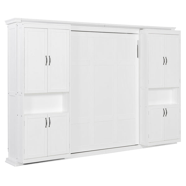 English Elm Full-size Murphy Wall Bed with Sliding Cabinets and Twelve Open Shelves for Studios White LP000919AAK