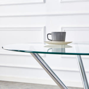 English Elm A Round Tempered Glass Dining Table with Sculptural Black Metal Legs for Modern Spaces W1151P411357