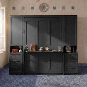 English Elm Queen Murphy Fold Down Wall Bed with Wardrobe Drawers and Shelves for Guest Rooms LP000909AAB