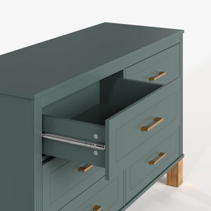 English Elm 6-drawer Solid Wood Dresser Mid-century Modern Gray Finish with Metal Bar Handles Light Green W1445P419755