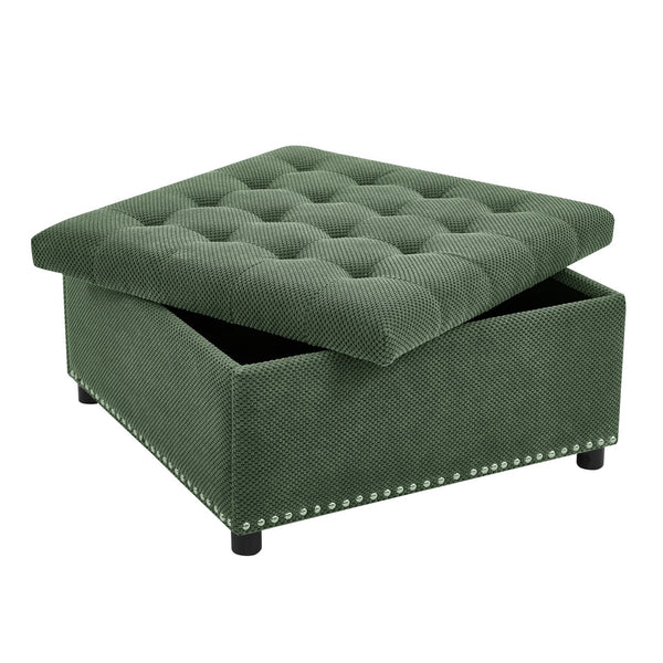 English Elm Storage Ottoman Tufted Nailhead Trim Lift Top Footstool for Living Room or Bedroom Green W5568P447090