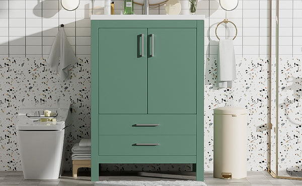 English Elm 24'' Green Bathroom Vanity with Ceramic Sink Combo — Modern Freestanding MDF & Solid Wood Storage, Soft-Close Doors, Silver Handles N710P228364F