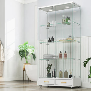 English Elm Modern Glass Display Cabinet With Led Lights & Drawers - Stylish 4-Shelf Storage For Any Room W241S00058